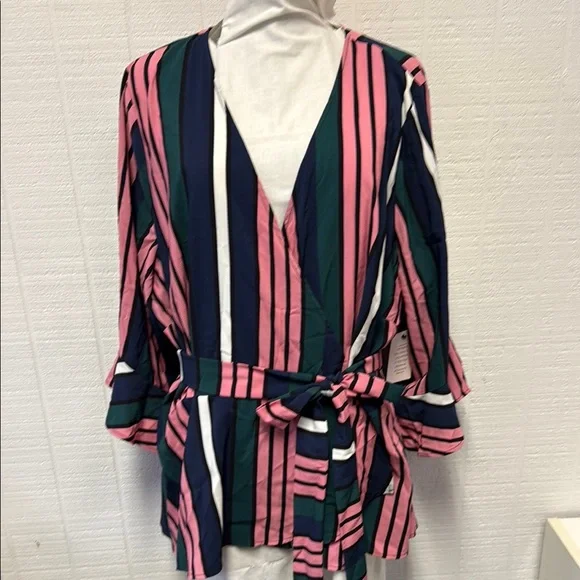 Eloquii Blue and Pink Bell Sleeve Wrap Blouse - Picture 1 of 6